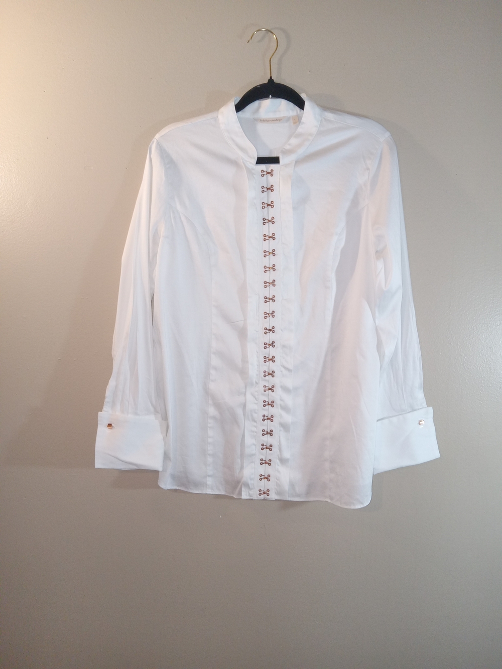 Soft Surroundings White Mandarin-Collar Blouse with Decorative Hooks